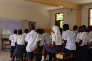 Kids watching a projected video